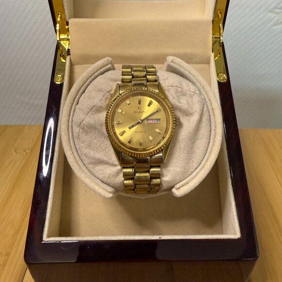 Vintage Elgin Gold Tone Day-Date Watch FD864CB, 37mm - Picture 1 of 5